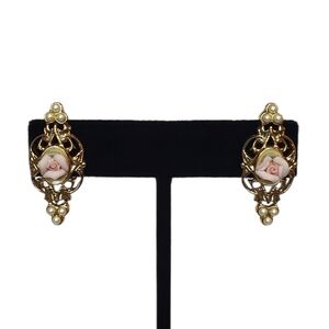 Estate Gold-Tone Filigree Pink Porcelain Rose & Faux Pearl Post Back Earrings